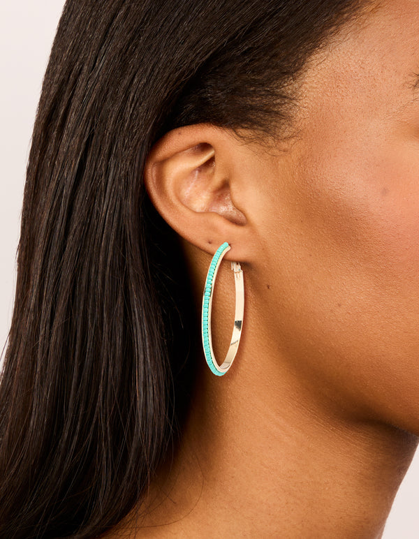 Gold Aqua Beaded Large Thin Hoop Earrings