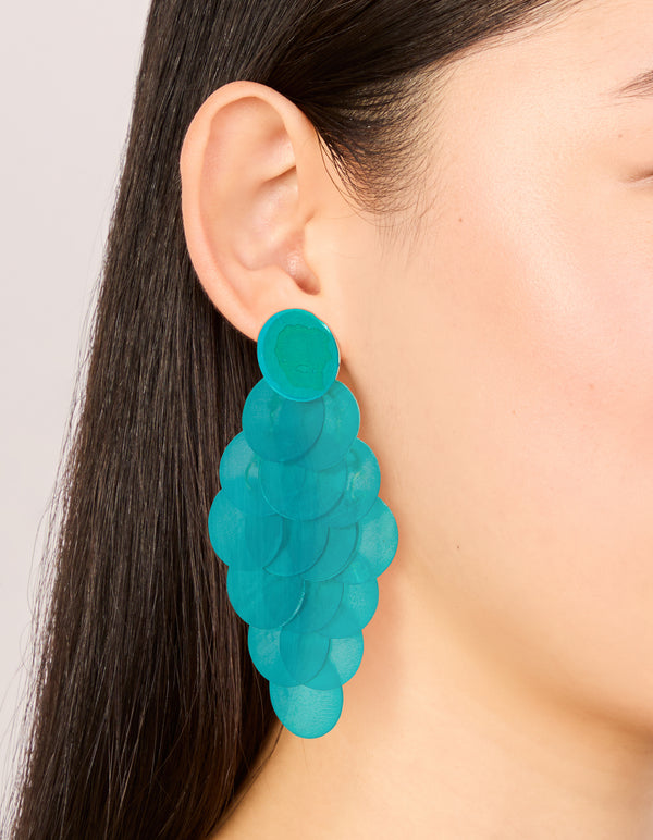 Aqua Blue Shell Effect Disc Drop Earrings