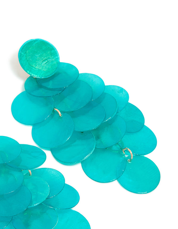 Aqua Blue Shell Effect Disc Drop Earrings