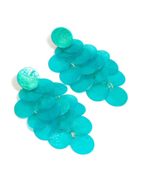 Aqua Blue Shell Effect Disc Drop Earrings