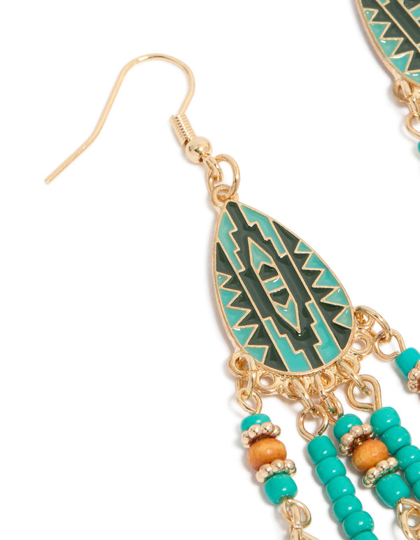 These blue feather and beaded drop earrings showcase leaf elements in teal, gold, dark turquoise, and peru hues, statement accessories close up view
