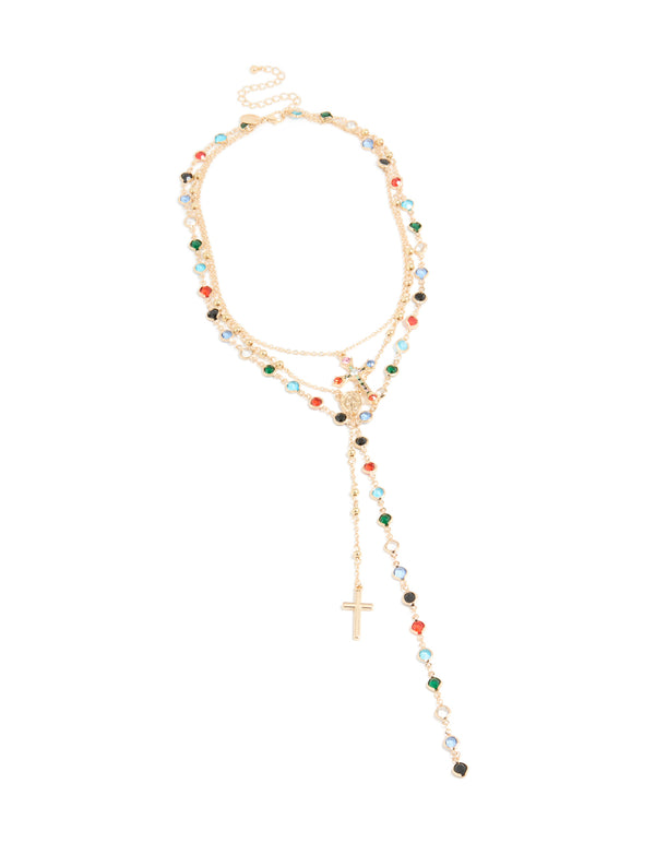 Gold See Through Glass Stone & Cross Layered Y-Necklace