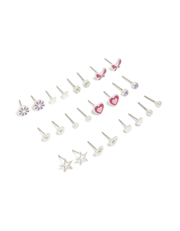 Discover this silver earrings 12-pack featuring heart, star, bow, and floral designs with pearl accents, enamel material, and stud closure front view