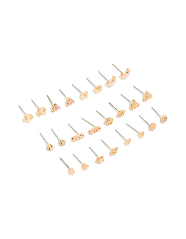 Showcasing gold diamante earrings in a 12-pack featuring pearl, celestial, floral, and moon designs, enamel material, and stud closure in front view