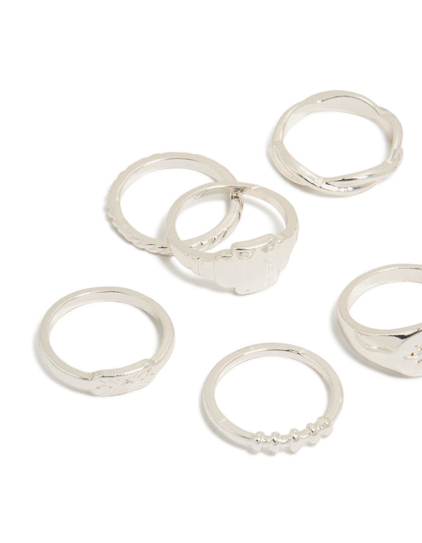 Showcasing silver diamante signet rings 10-pack with celestial star side detail view
