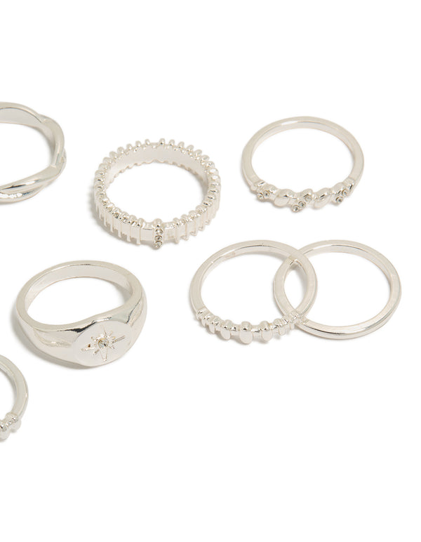 Crafted from silver diamante signet rings 10-pack with celestial star close up view