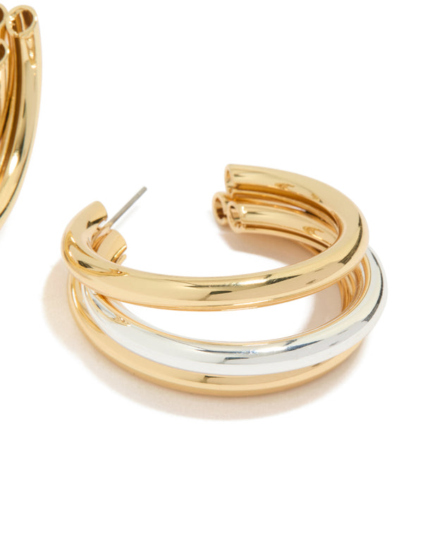 Designed with mixed metal plated large illusion hoop earrings in gold and silver featuring dainty style post detail view