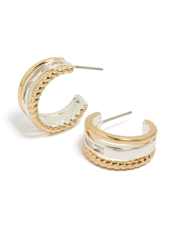 Discover mixed metal triple layered small hoop earrings crafted from gold plated and silver materials front view