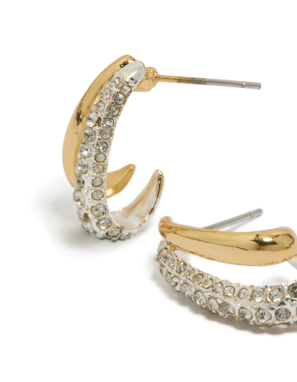 Designed with mixed metal double layered diamante details in gold and silver plated statement earrings close up view