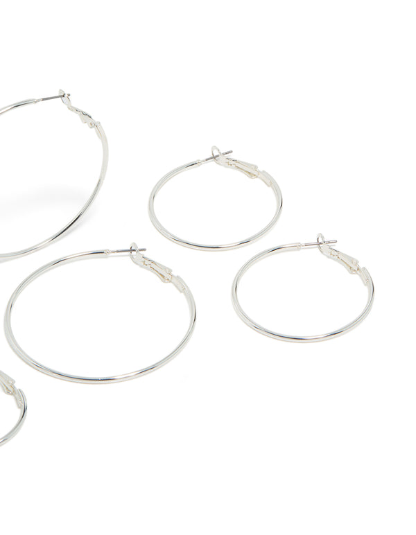 Designed with silver plated material, these fine thin hoop earrings in a 4-pack showcase closure mechanisms post detail view