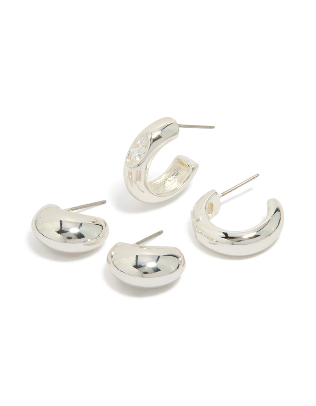 Showcasing Silver Plated Cubic Zirconia Bezel and Chubby Open Hoop Earrings 2-Pack in a front view