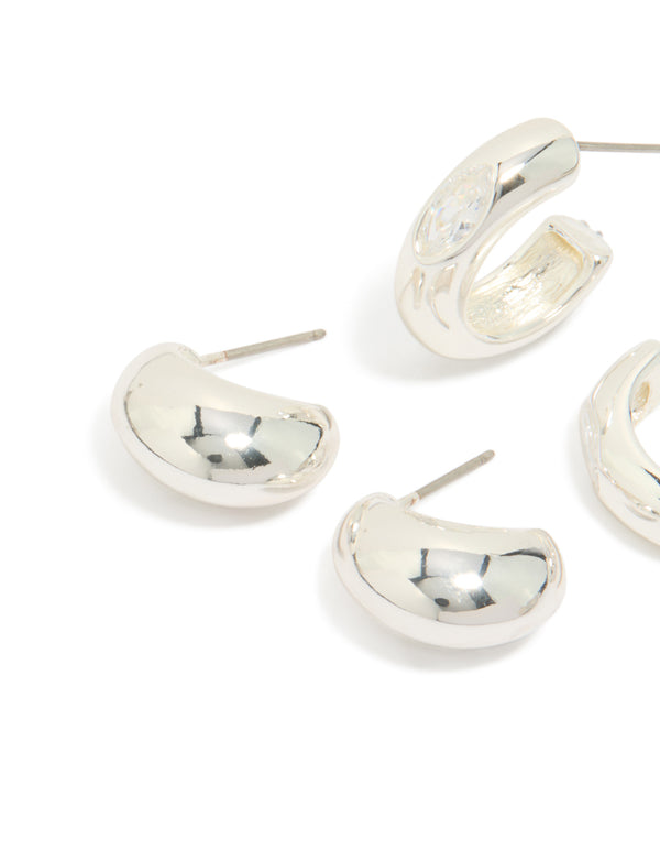 Silver Plated Cubic Zirconia Bezel & Chubby Open Hoop Earrings 2-Pack