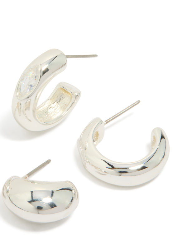 Silver Plated Cubic Zirconia Bezel & Chubby Open Hoop Earrings 2-Pack