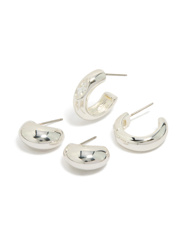 Featuring silver plated cubic zirconia bezel and chubby open hoop earrings in a 2-pack front view