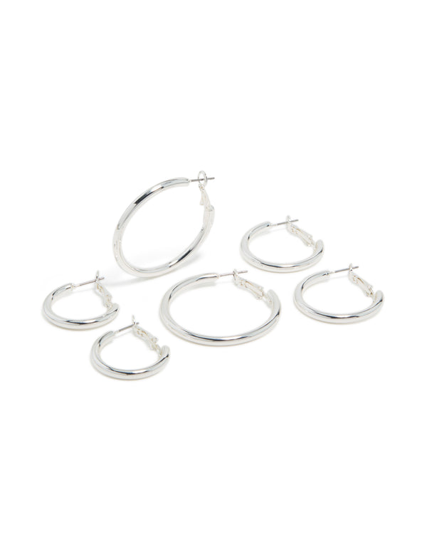 Featuring silver plated thick hoop earrings in a statement and chunky 3-pack front view