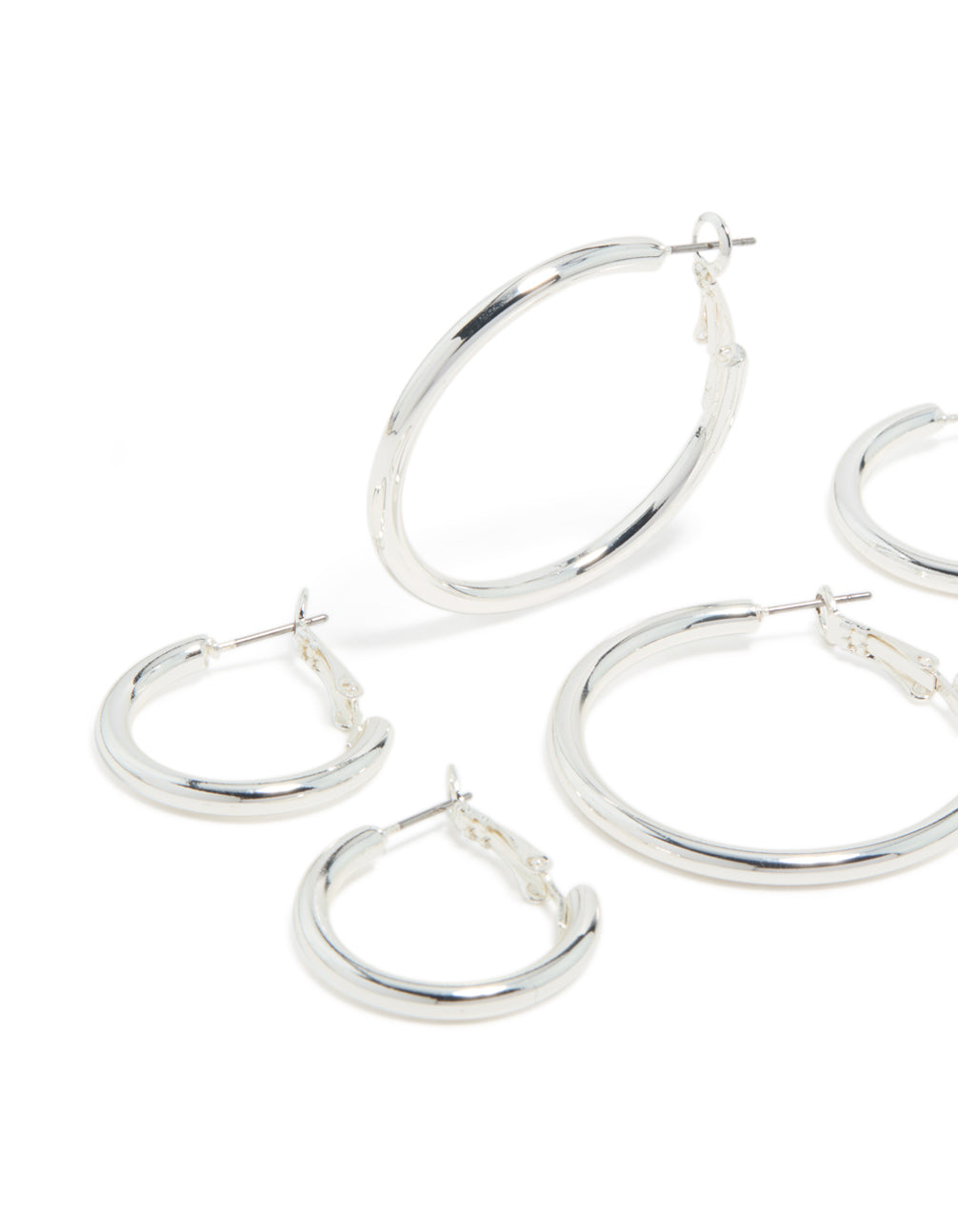 Crafted from silver plated thick hoop earrings in a statement and chunky 3-pack close up view