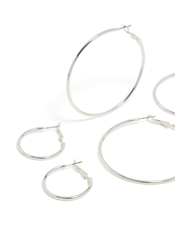 Featuring silver plated plain hoop earrings in a 3-pack close up view