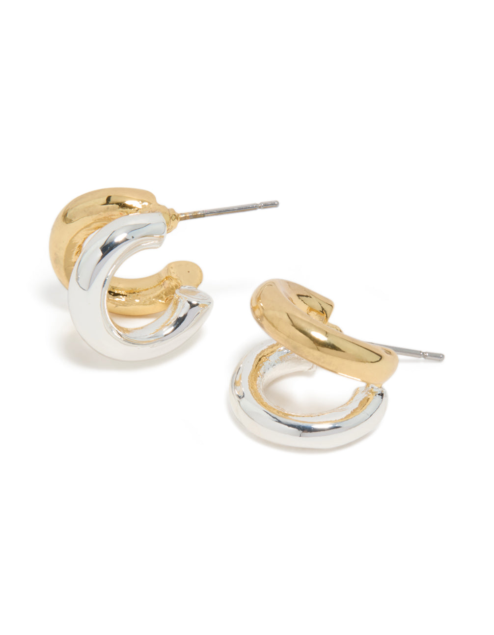 Crafted from mixed metal plated double hoop earrings featuring gold and silver with hoop closure front view