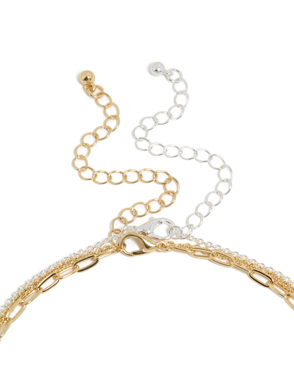Showcasing a mixed metal layered necklace with paperclip chain, diamante accents in gold and silver plated finish clasp detail view