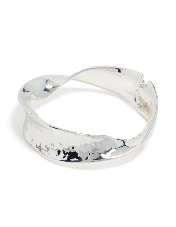 Elegant silver plated hammered twist hinged bangle front view