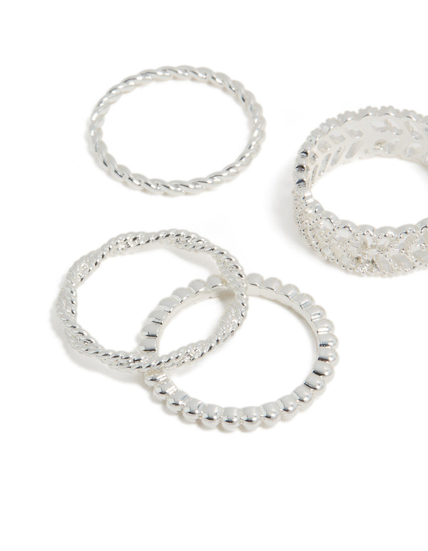 Showcasing silver plated mixed textured rings 6-pack close up view