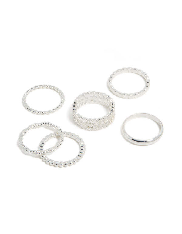 Crafted from silver plated mixed textured rings 6-pack front view