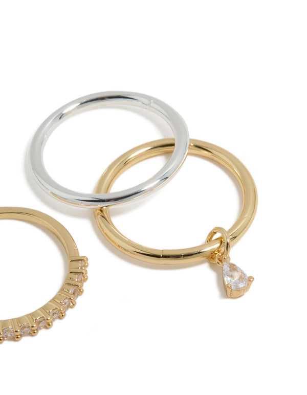Crafted from mixed metal plated organic cubic zirconia rings 4-pack with charm in gold and silver side detail view