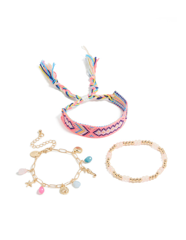 Gold Pink Beaded & Sea Charm Bracelets 3-Pack
