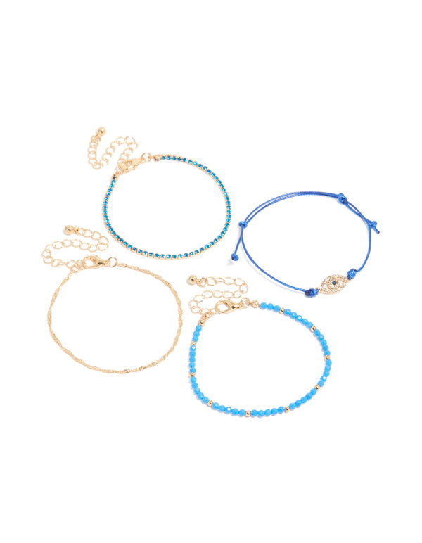 Discover this beaded bracelets 4-pack featuring evil-eye accents, crafted from cord in gold front view