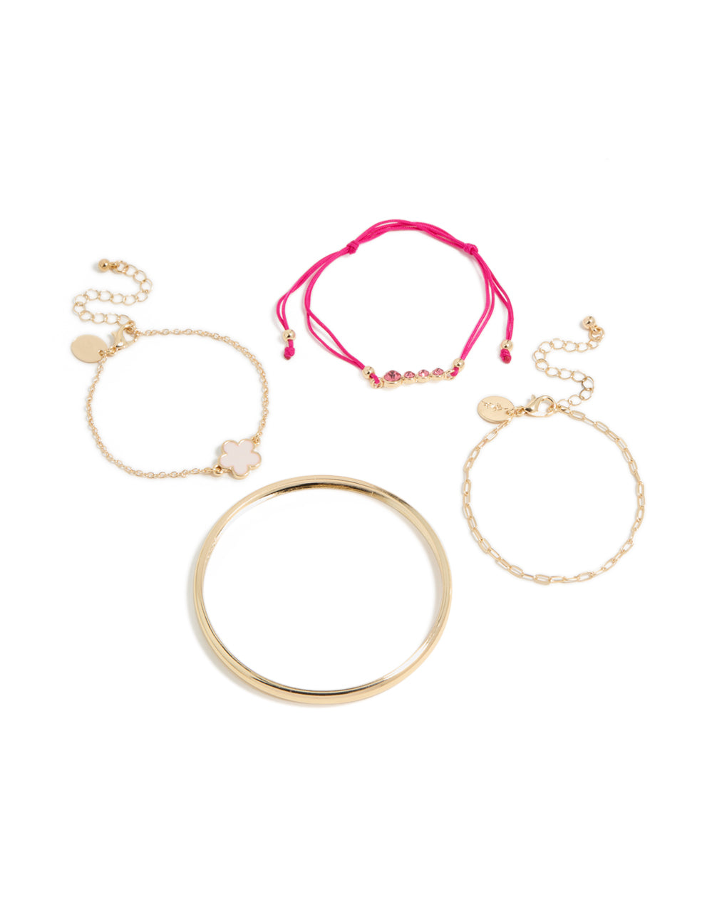Showcasing gold clover and hot pink cord bracelets in a 4-pack featuring floral details with light pink accents and bangle styles front view