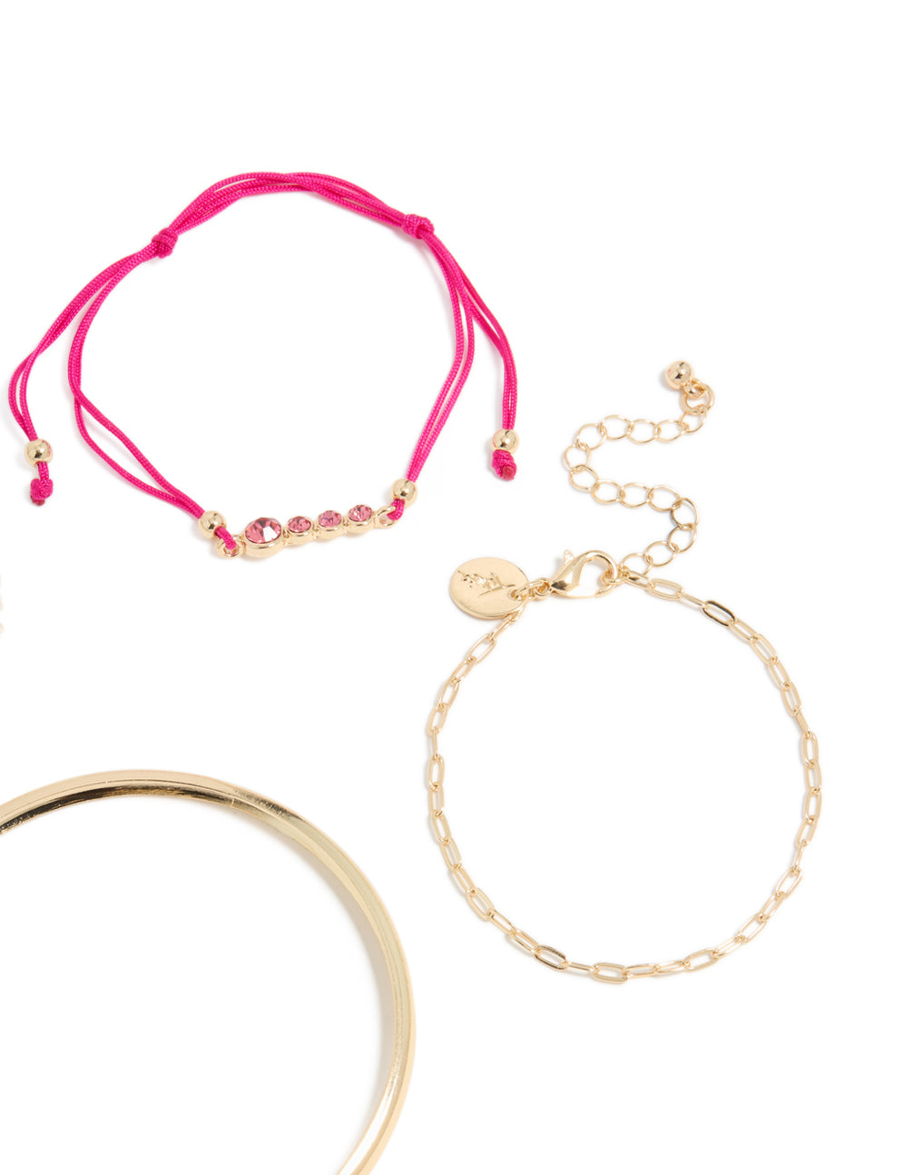Designed with gold clover and hot pink cord bracelets in a 4-pack featuring floral details, light pink accents, and bangle styles closure detail view