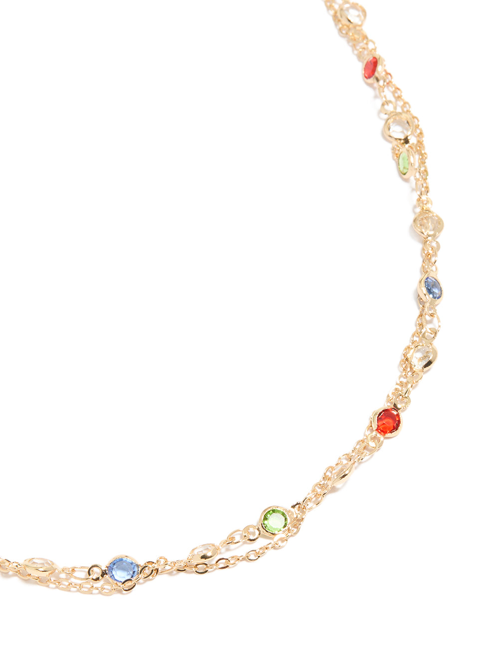 Discover a gold embellished waisted belt with red lime green and skyblue stones detail view