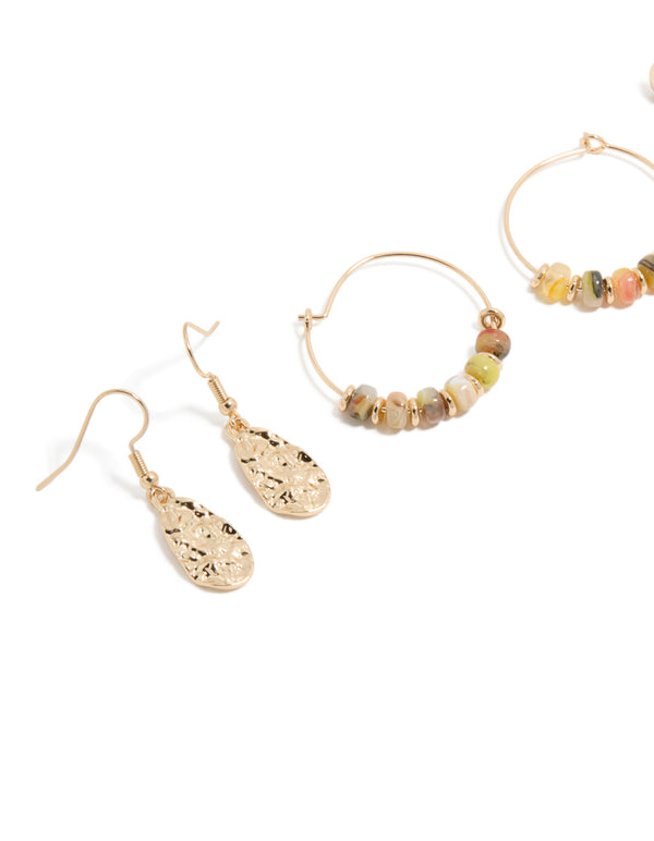 Gold Beaded Hoop & Drop Earrings 3-Pack