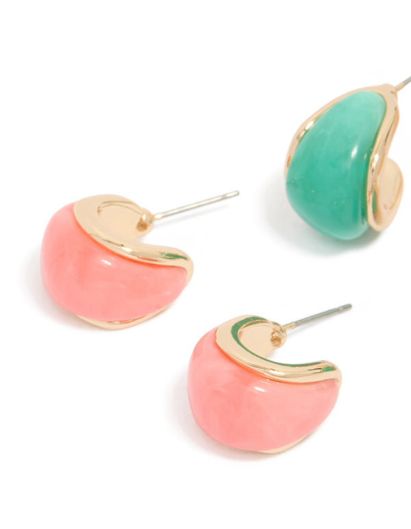 Gold Light Pink & Blue Enamel Bubble Hoop Earrings 3-Pack