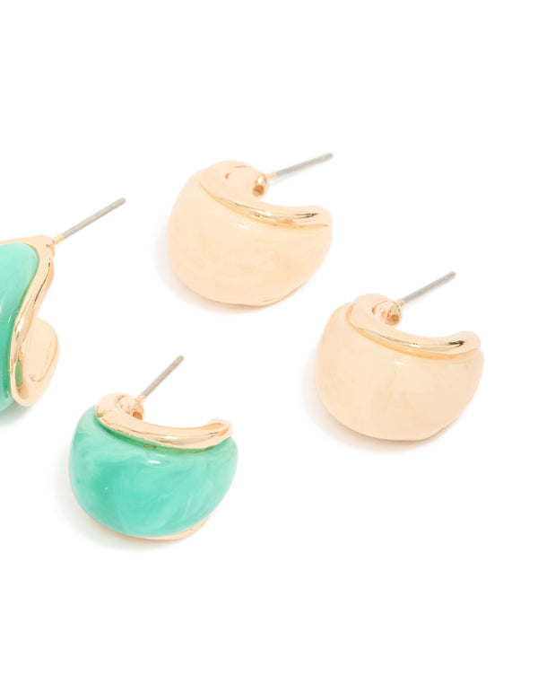 Gold Light Pink & Blue Enamel Bubble Hoop Earrings 3-Pack