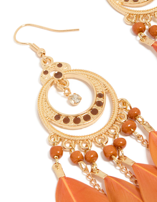 Gold Celestial Boho Orange Feather Drop Earrings