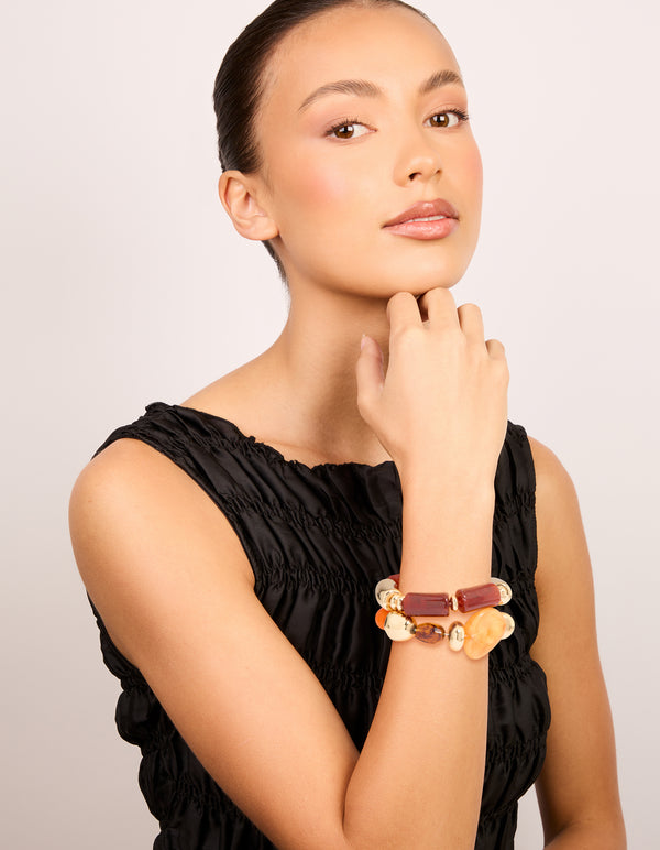 Red Acrylic & Gold Irregular Beaded Stretch Bracelets 2-Pack