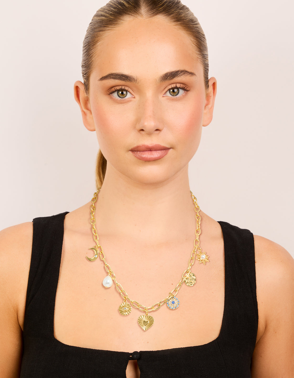 Gold Plated Pearl Celestial & Heart Charm Necklace