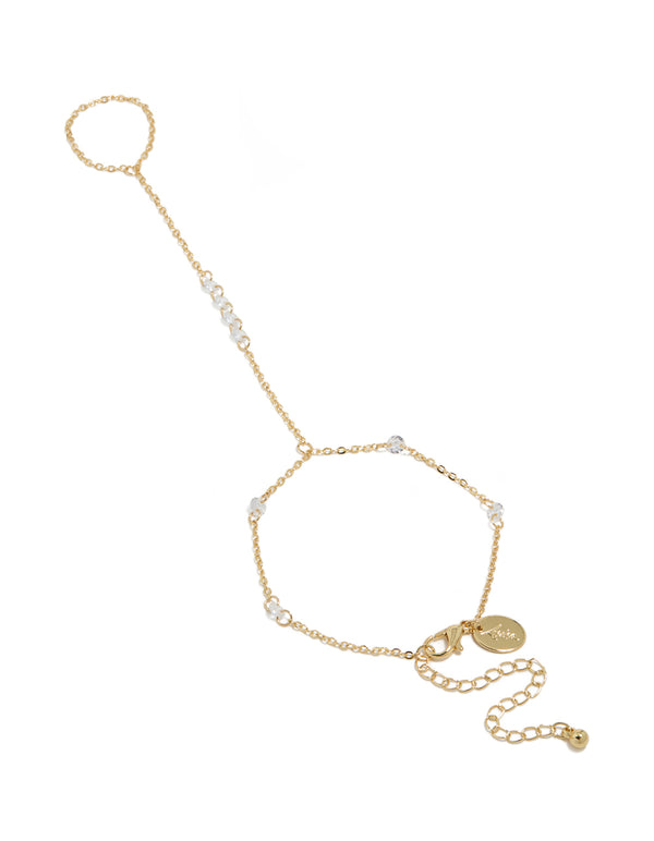 Elegant gold plated floating cubic zirconia hand chain bracelet with beads front view