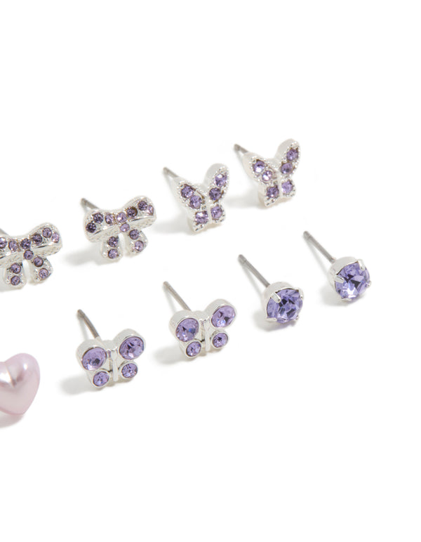 Kids Silver Diamante Butterfly Stud Earrings 6-Pack