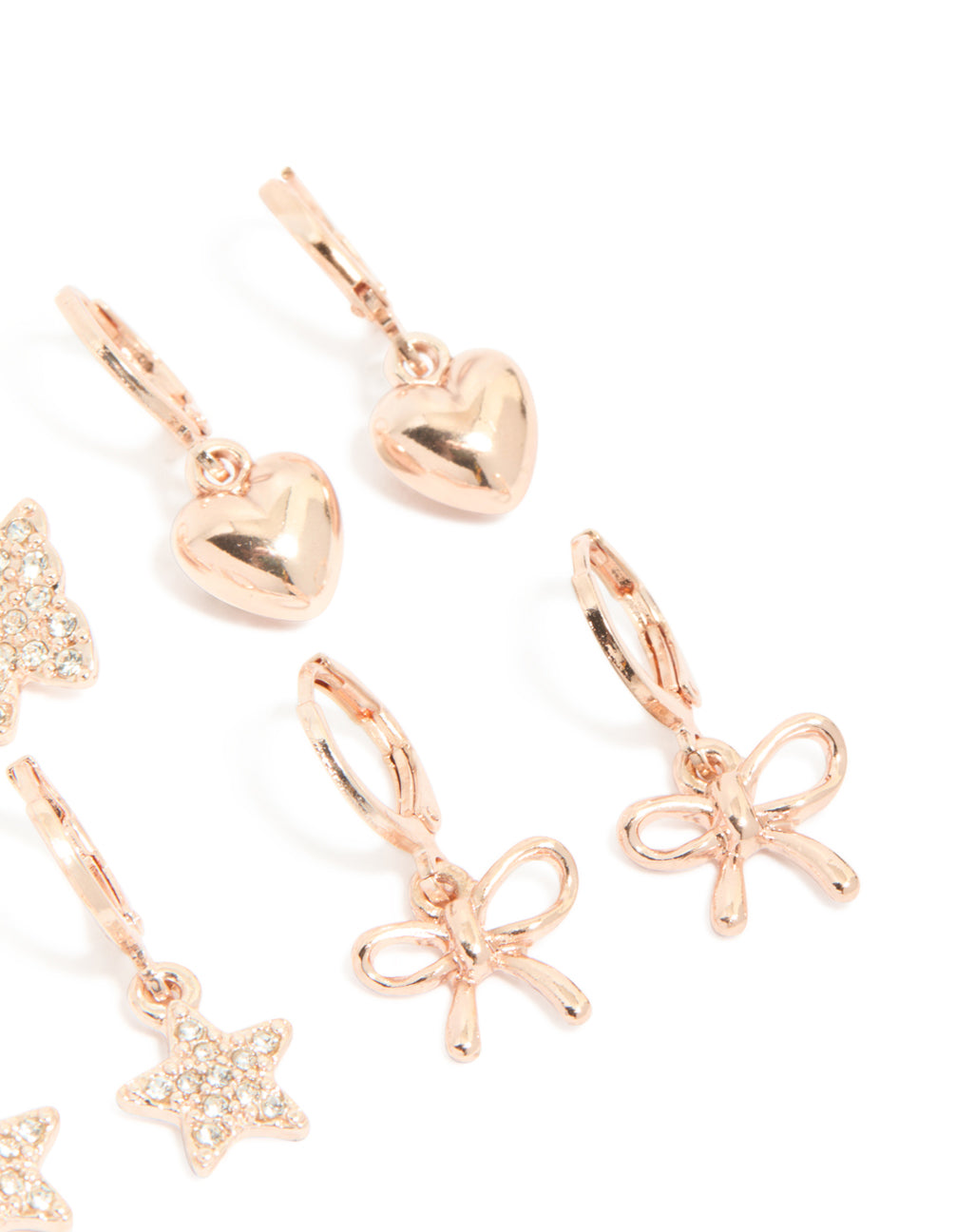 Crafted with kids rose gold diamante pavé huggie earrings in a 4-pack showcasing bow, celestial, heart, and butterfly accents post detail view