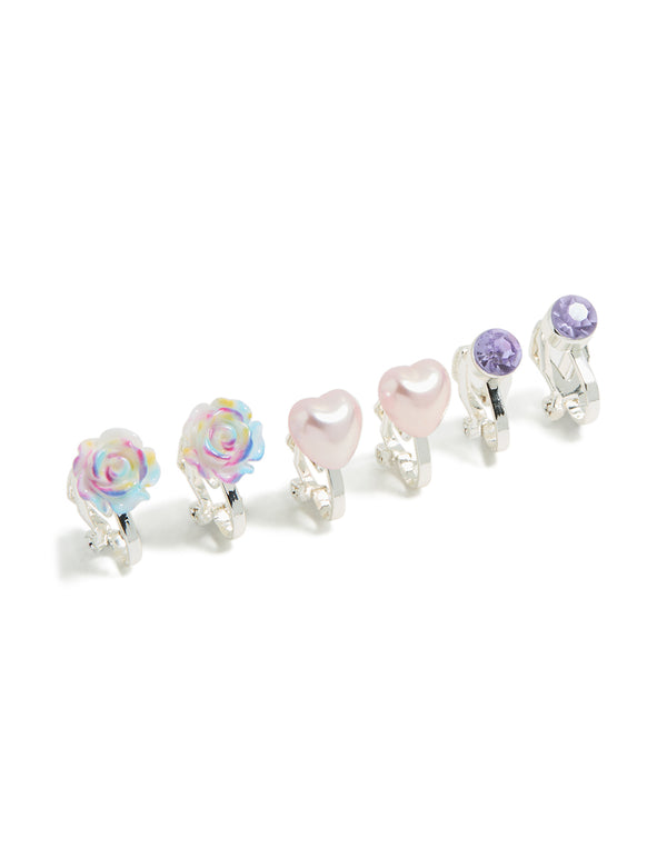 Designed with kids clip-on earrings in a 5-pack featuring butterfly, floral rose, heart, and pearl accents with silver plated ombre finish in lavender, light pink, and white post detail view
