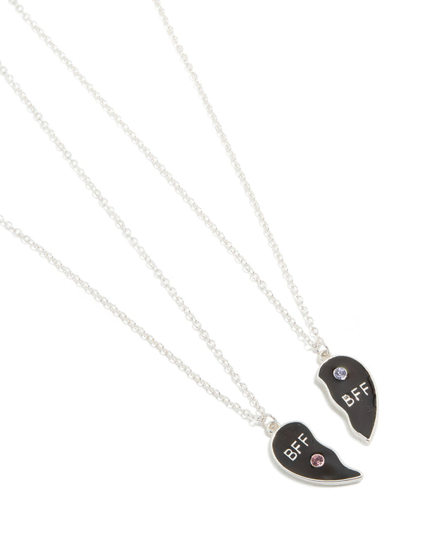 Kids Silver Mood Diamante BFF Heart Necklaces 2-Pack
