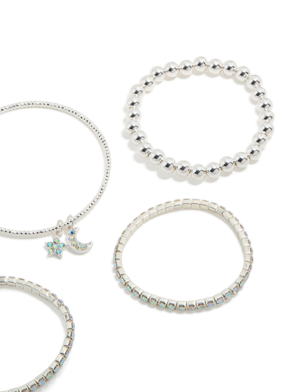 Stylish kids silver diamante celestial bracelets 5-pack with beads, moon charm, and bangle styles close up view
