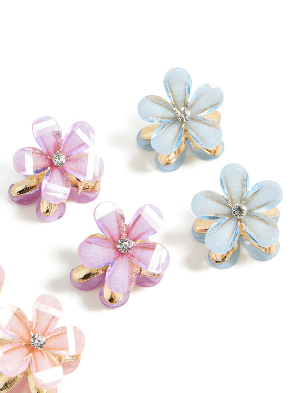 Featuring kids gold pastel diamante flower claws 6-pack with glitter in pink, light blue, and lavender side view