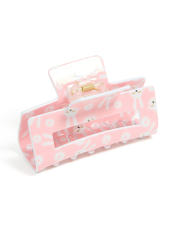 Charming kids pink acrylic bunny print claw clip with floral and animal design in white and gold side view