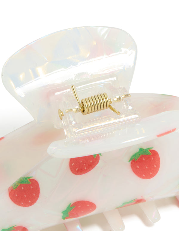 Crafted from acrylic, kids strawberry fruit print hair claw clip highlighting gold clasp mechanism in white, coral, and lime green detail view