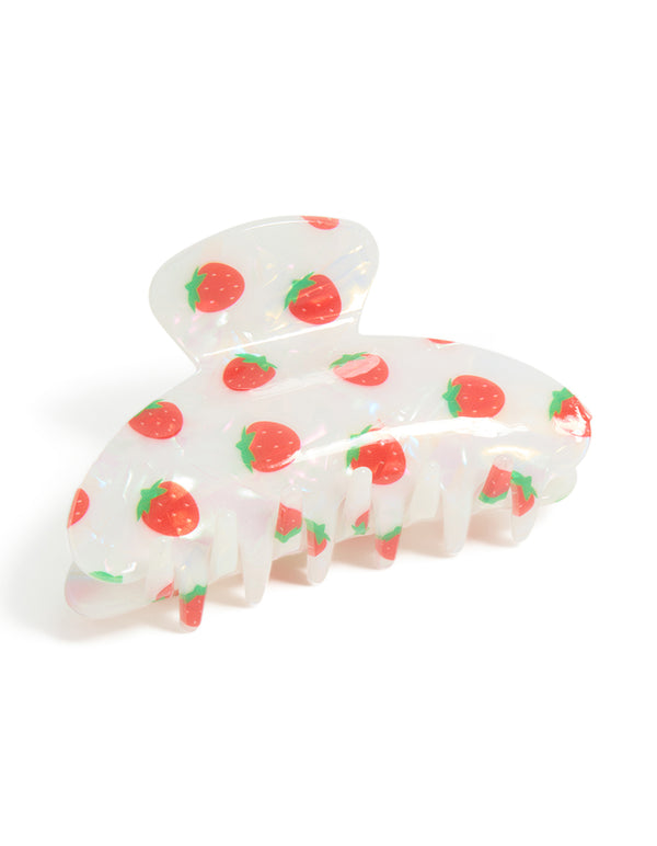 Showcasing kids acrylic strawberry fruit print hair claw clip in white, coral, lime green, and gold front view