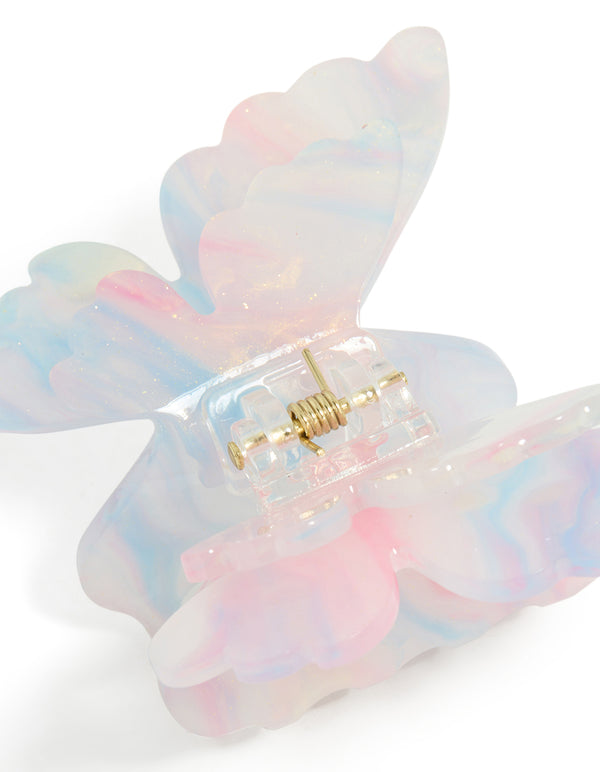 Designed with kids pink blue white ombre acrylic double butterfly claw clip featuring glitter detail view