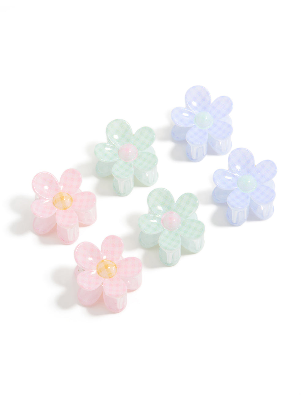 Discover kids gingham print claw clips 6-pack featuring glitter and floral design in light pink, light blue, mint cream, peach puff front view